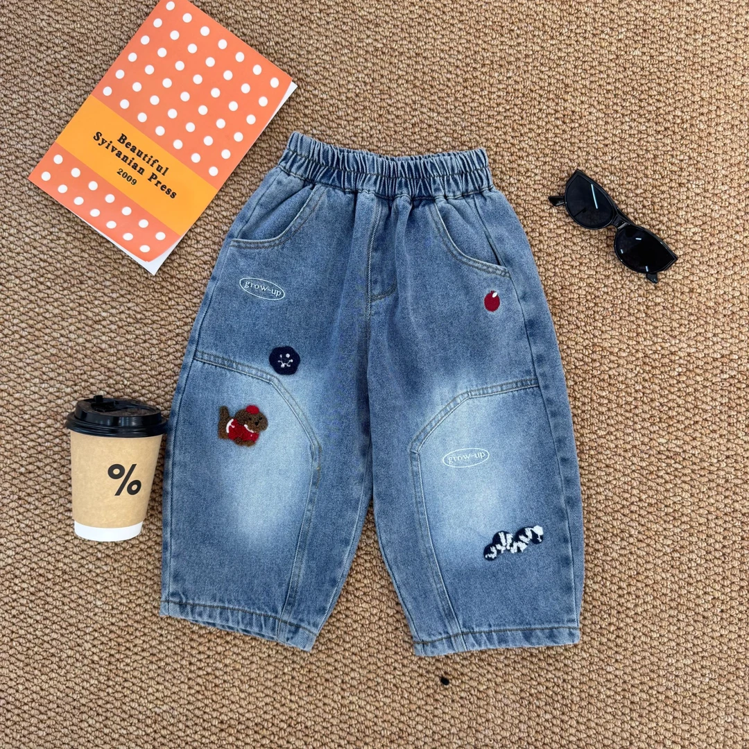 韩版儿童毛巾绣洗褪柔然秋冬百搭牛仔裤