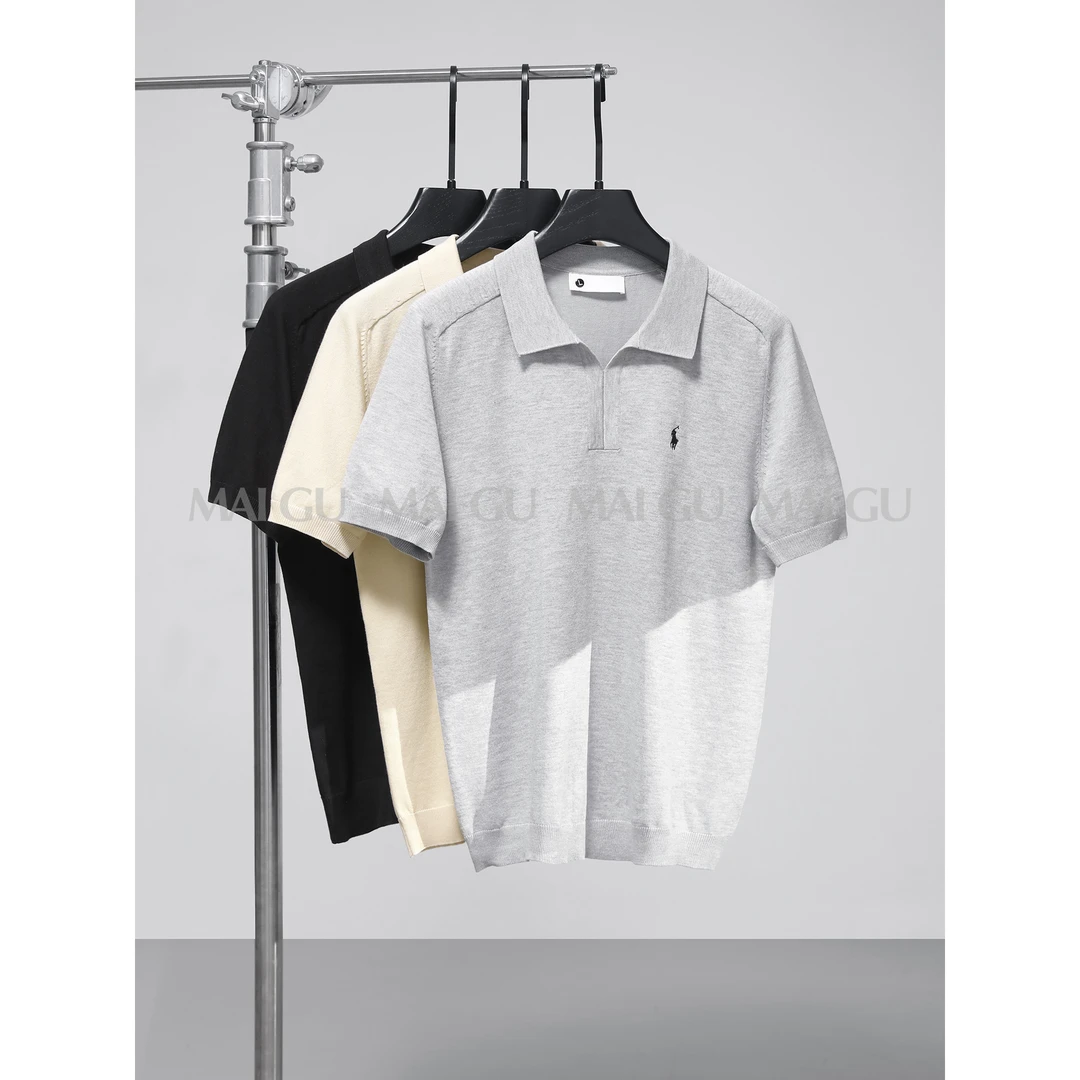 【Stan】夏季高定老钱风百搭简约刺绣针织冰爽丝翻领半袖POLO衫男