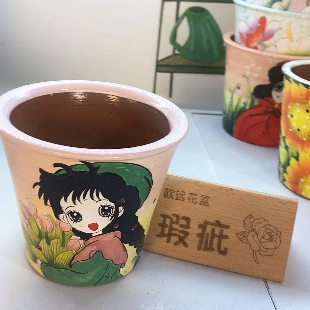 紫砂花盆红陶手绘花盆
