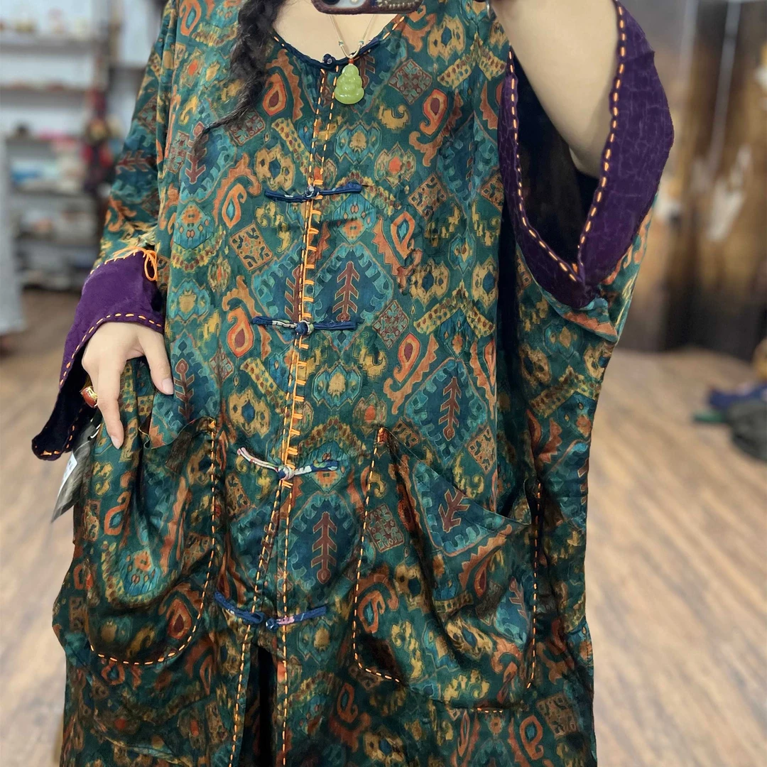 新中式人丝花萝对襟盘扣手工刺绣秋季新国风酷飒富婆风手工套装女