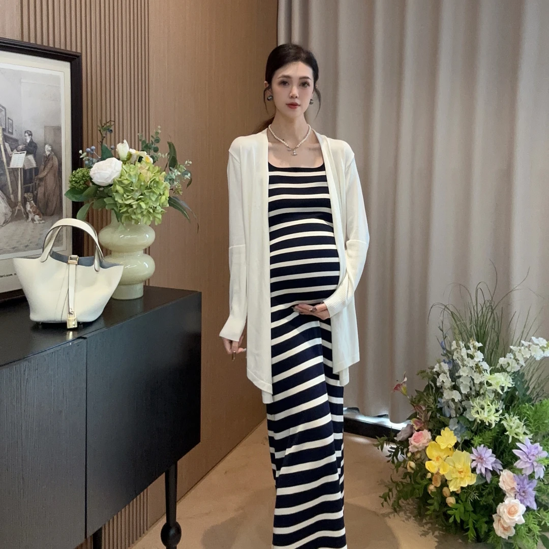 Zoey孕妇装［漫想］夏季简约条纹显瘦吊带连衣裙搭配防晒开衫套装