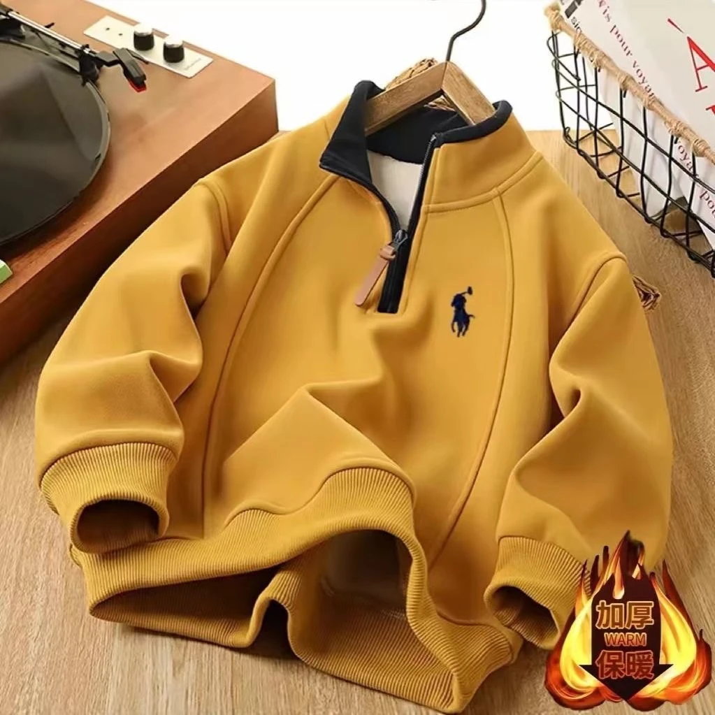 冬季新款男童儿童加绒卫衣2025时尚帅气立领加厚保暖上衣百搭潮流