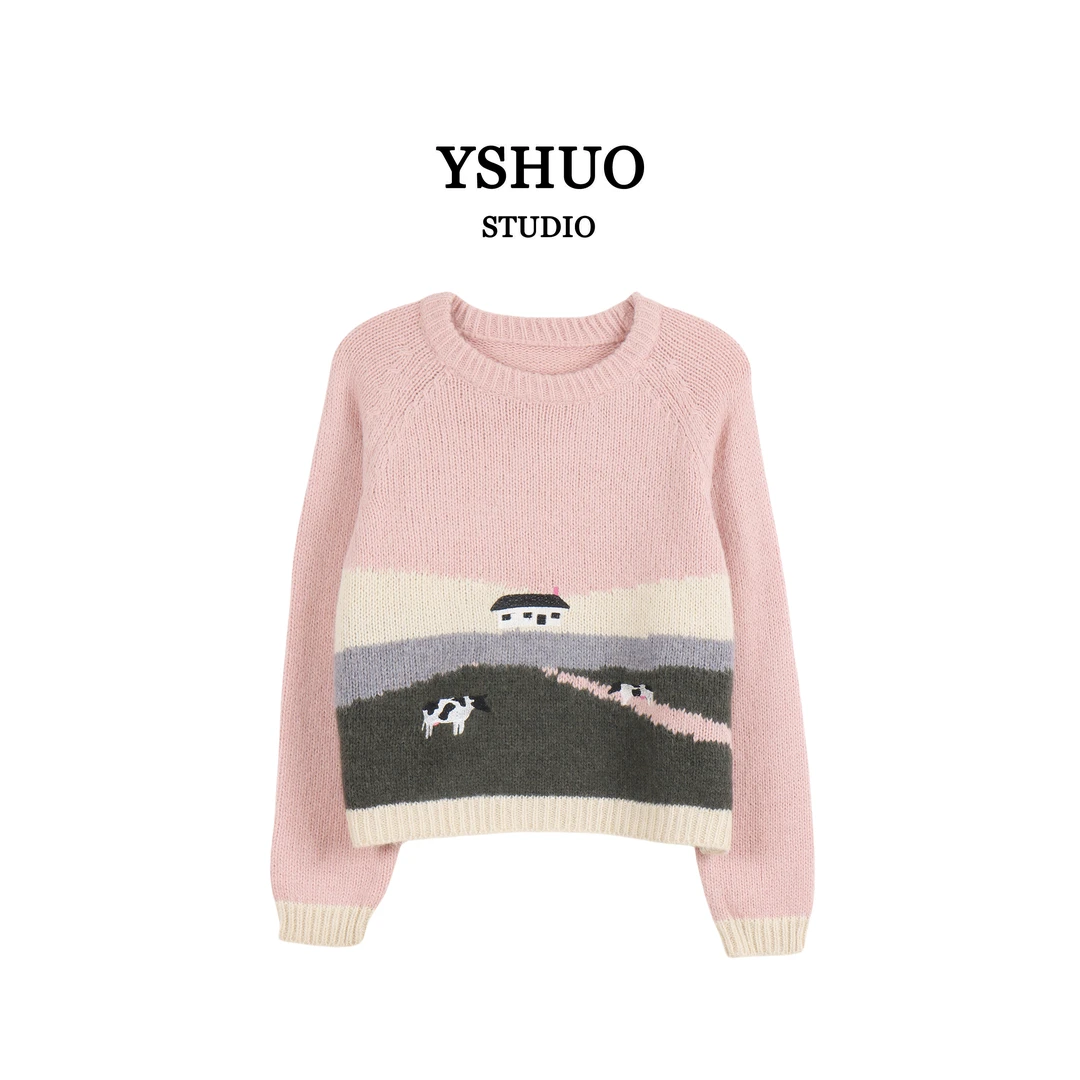 【红红推荐】百搭宽松圆领时尚小房子女士拼色毛衣 590833