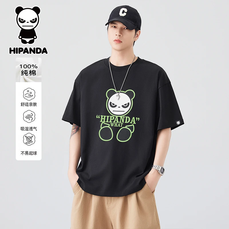 HiPanda你好熊猫纯棉短袖T恤男士夏季薄款圆领宽松潮流半截袖上衣