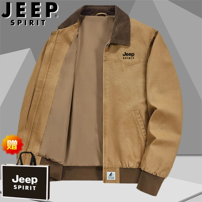 JEEPSPIRIT夹克男常规款水洗翻领男士外套春秋季宽松复古休闲工装