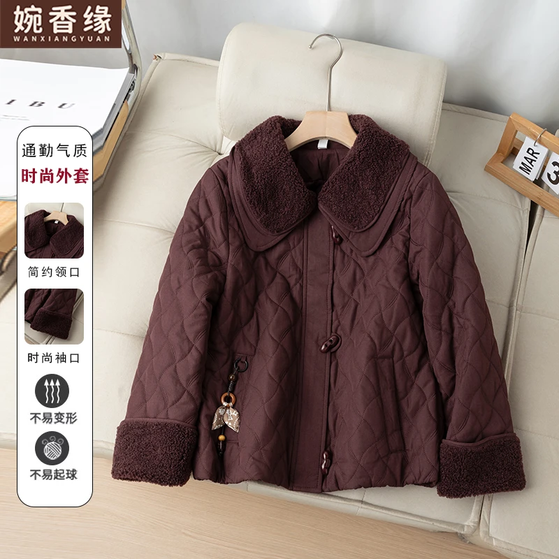 时尚妈妈大翻领菱角格棉衣外套女秋冬新款中年妈妈毛领休闲短棉衣