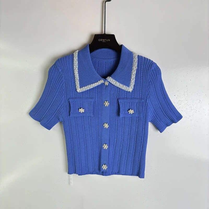 【CENFUN】2025夏季兰色polo领设计重工法式针织女上衣A22136