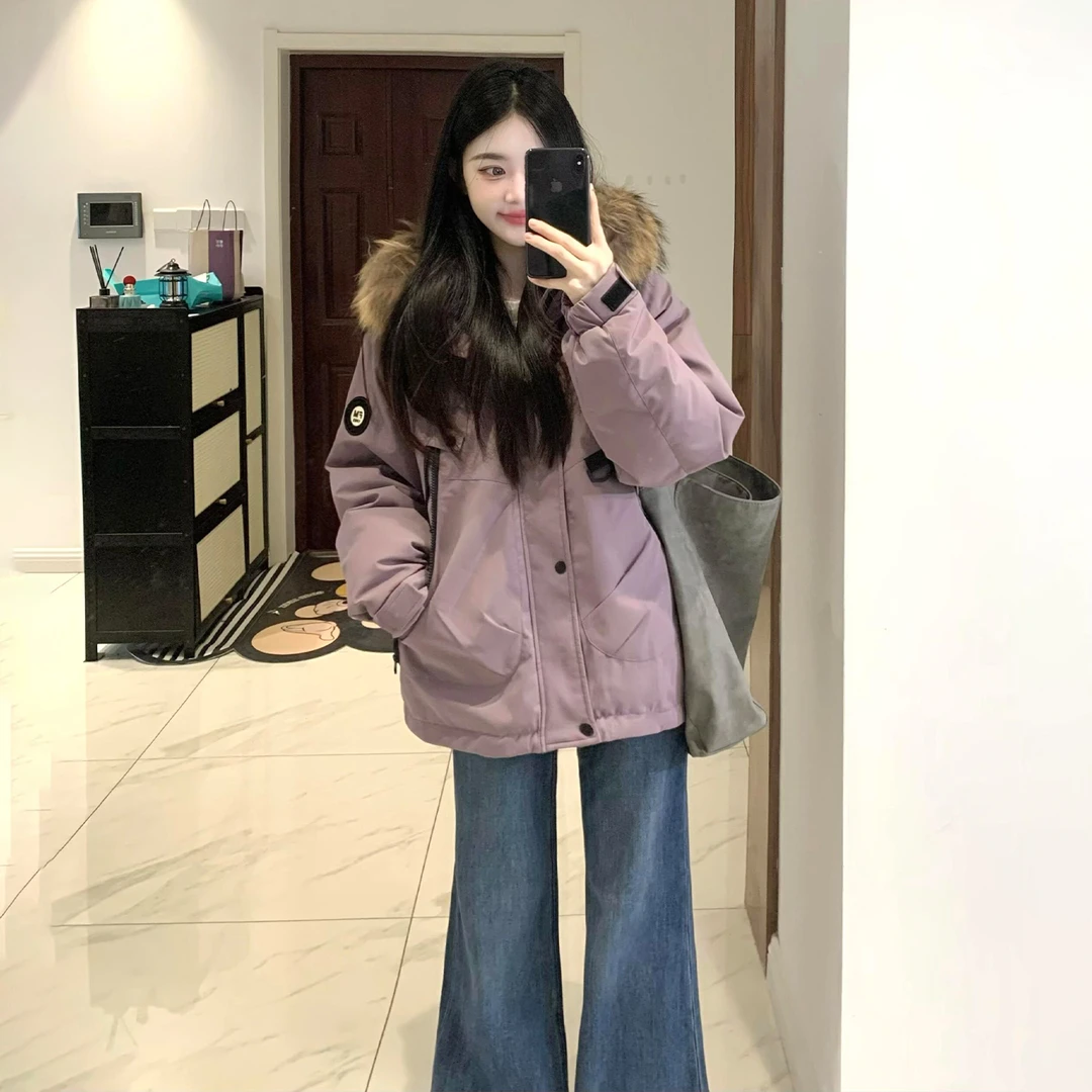 2025秋冬新款复古紫色大毛领加厚保暖工装棉服牛仔裤显瘦两件套女