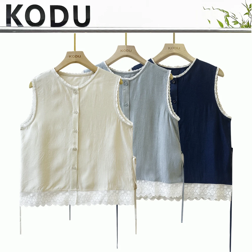 X【刻度KODU】QQ-5502夏季气质百搭圆领单排扣花边蕾丝无袖系带T恤