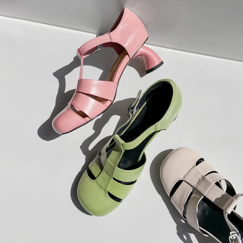 时尚编织高跟包头罗马凉鞋女2025年夏季新款bv真皮粗跟镂空猪笼鞋