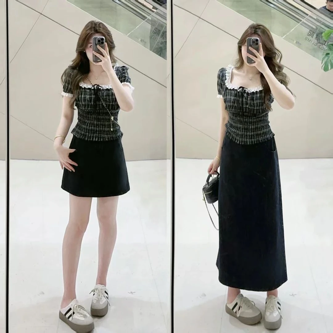 大码女装复古格子短袖上衣牛仔半身裙2025夏日新款时髦感两件套装