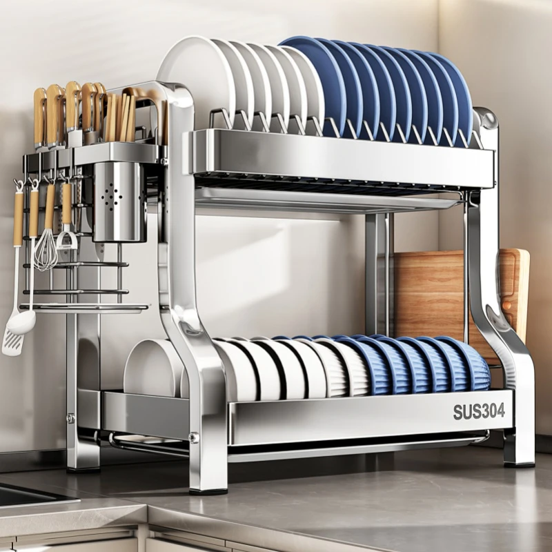 加厚304不锈钢厨房置物架碗碟收纳架多功能放碗架碗盘碗筷沥水架