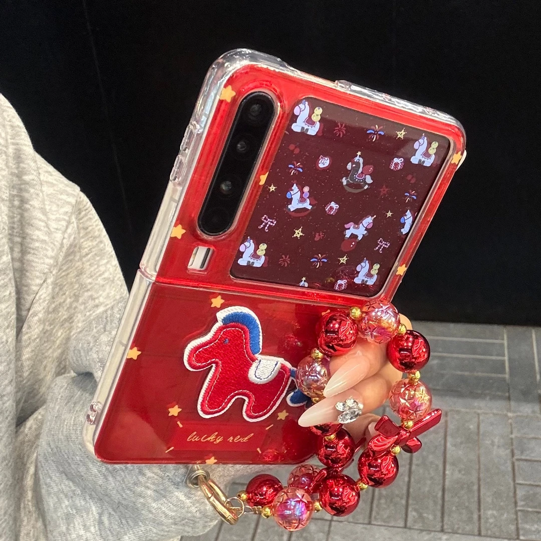 适用华为purax典藏版手机壳新年红色pocket2锡纸纹星星刺绣马链条