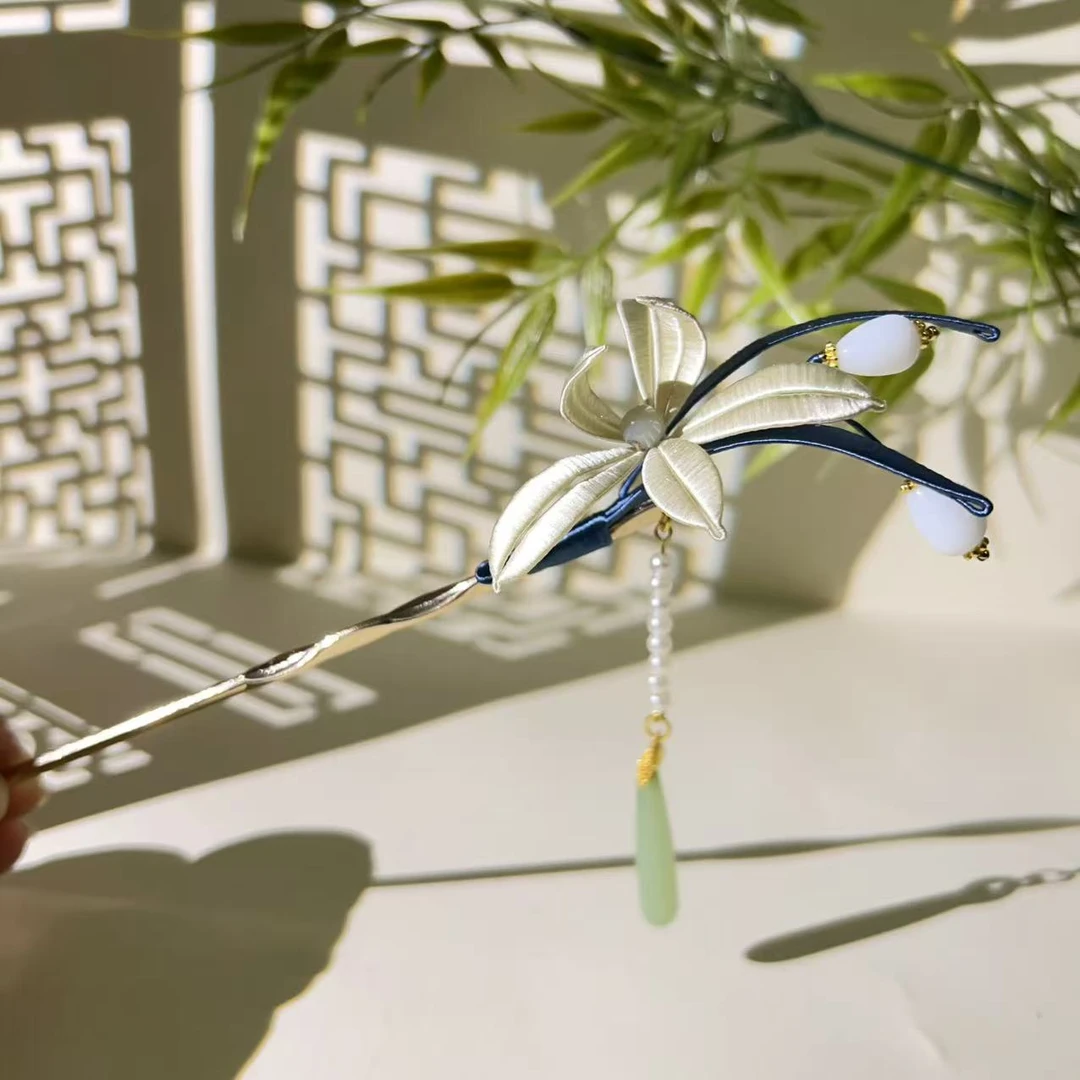 缠花兰花发簪极简风古风原创设计女发簪复古蓝色日常简约古典发簪