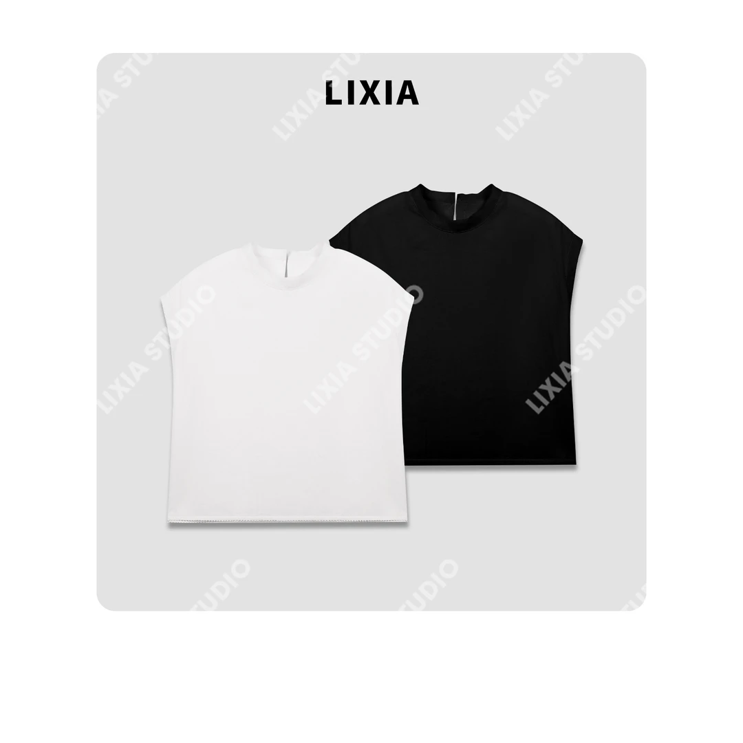 LIXIA【心弦】时尚潮流麻感背后单颗扣设计圆领无袖马甲-D8085