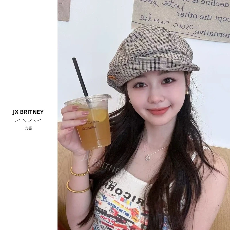 格子八角帽薄款春夏欧美条纹报童帽英伦时尚贝雷帽画家前进