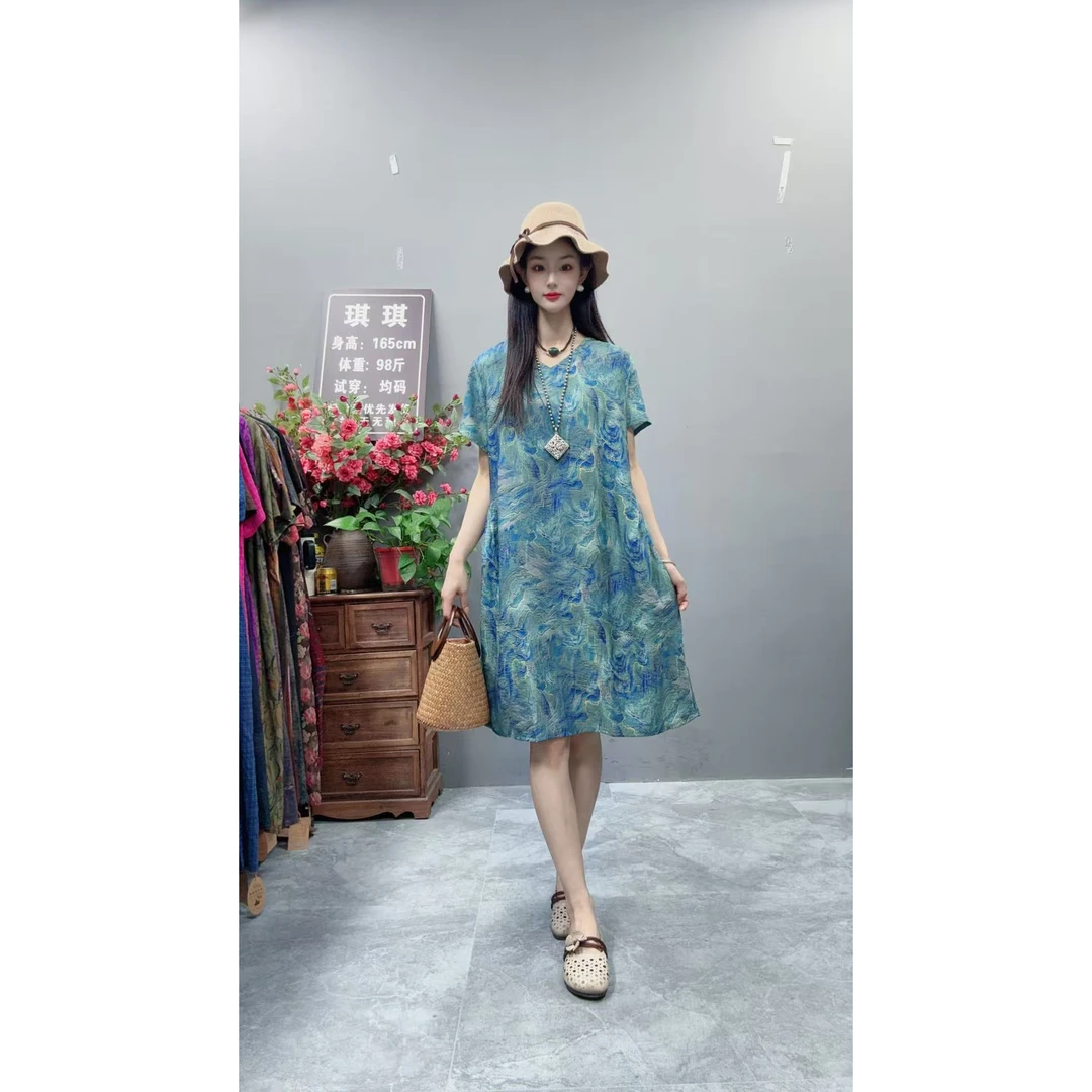 5255新款夏季韩版显瘦气质时尚印花洋气复古收腰碎花连衣裙妈妈装