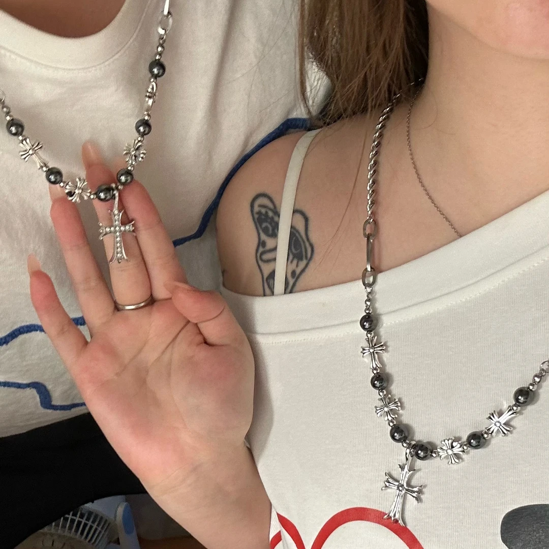 钛钢仿珍珠项链 【十字架项链】kkik钛钢拼接十字架项链男女同款