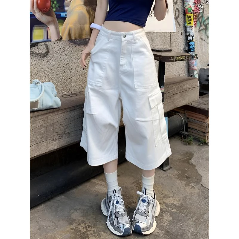 美式复古工装七分牛仔短裤女2025夏季新款宽松显瘦多口袋直筒中裤