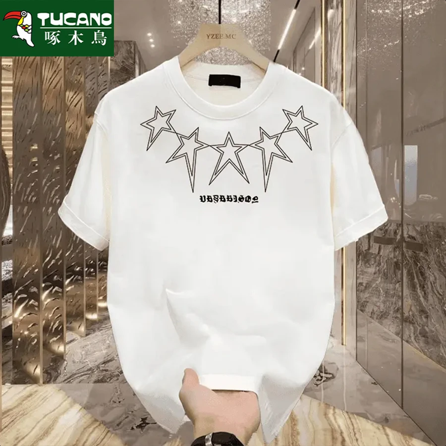 啄木鸟圆领印花夏季短袖修身型T恤潮流大码港风网红宽松情侣ins