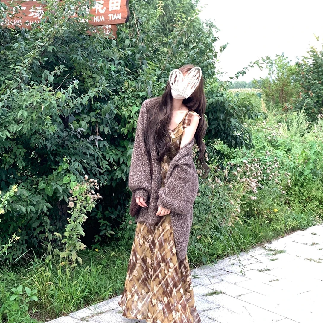 现货 长袖开衫外套+碎花连衣裙两件套慵懒休闲裙子套装女秋00252