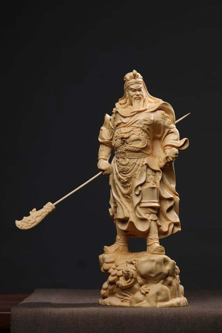 中国风桧木款武财神关公关二爷站款横刀雕刻木雕貔貅风水摆件