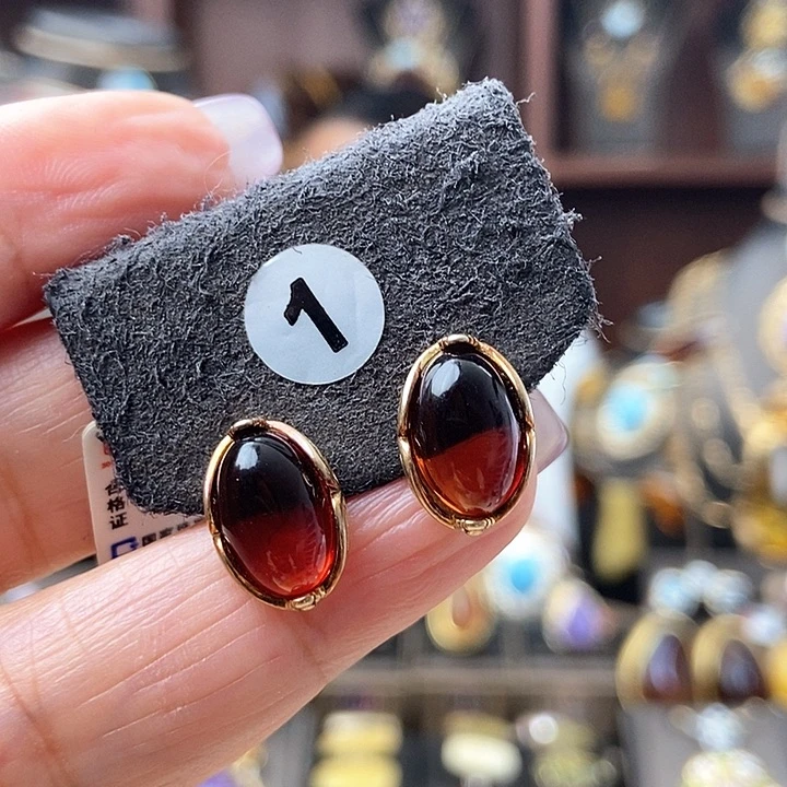 琥珀耳饰银S925镶嵌耳钉