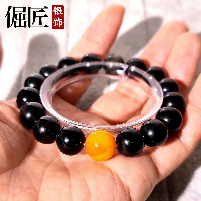 配证书！12MM蜜蜡琥珀男士手串单圈黑色佛珠念珠圆珠文玩装饰潮
