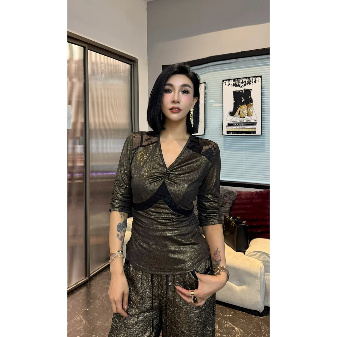 SONG-原创【上衣-金叶花羽】新款重工拼接蕾丝设计时尚显瘦短袖