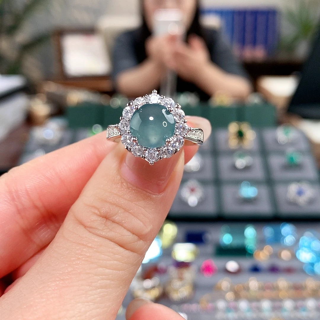 翡翠银S925镶嵌戒指花瓶翡翠戒指