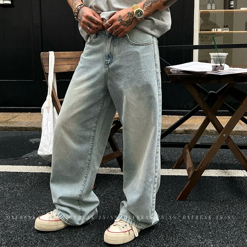 OXFREAK「水洗褪色 脚口破坏」复古做旧牛仔裤男直筒宽松阔腿裤子