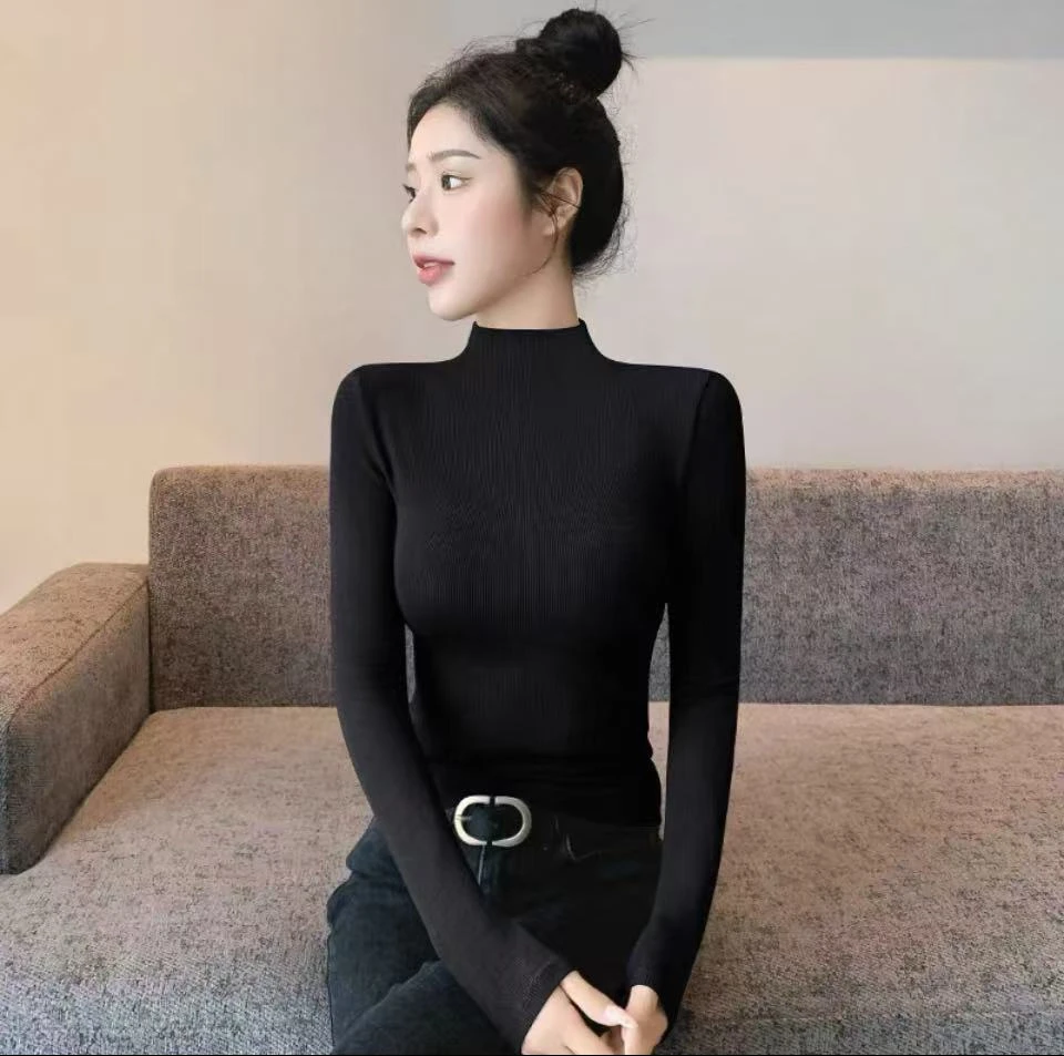 敏敏-3410半高领女长袖性感风T恤黑色紧身网红秋冬