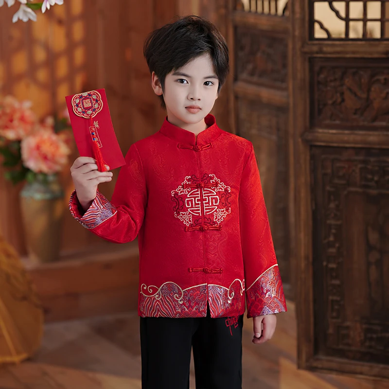 男童汉服加厚唐装拜年服喜庆套装儿童2025新款冬装新年过年衣服男
