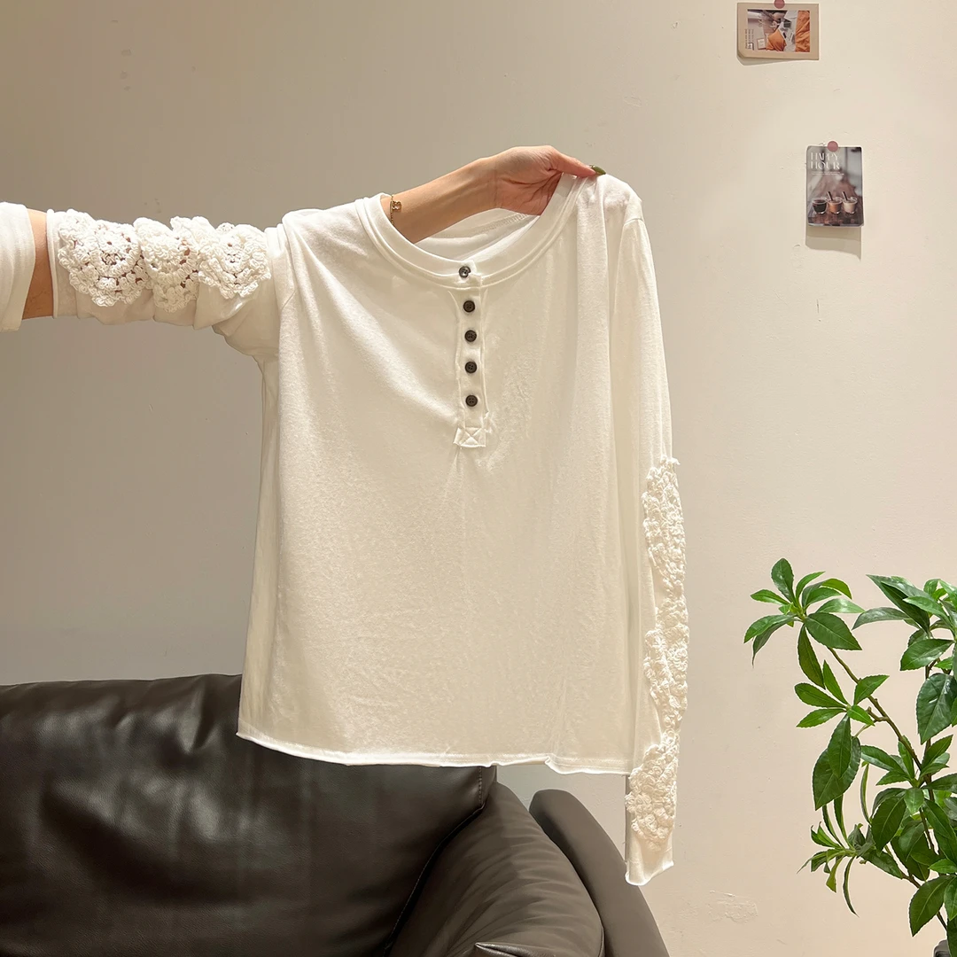 亨利领长袖T恤女早秋穿搭打底衫设计感蕾丝钩花镂空刺绣宽松上衣