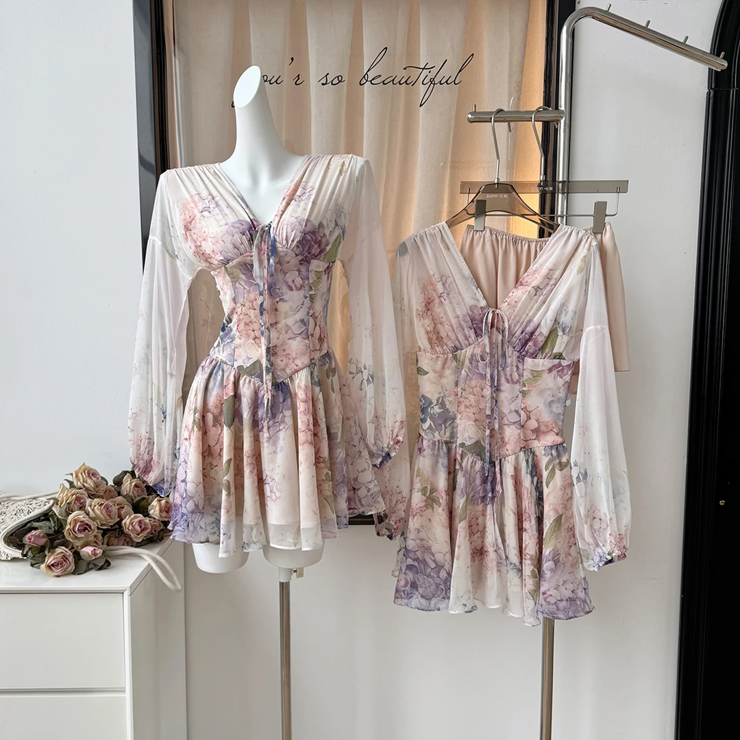 紫藤花恋 送短裤紫藤花连衣裙女收腰显瘦短裙