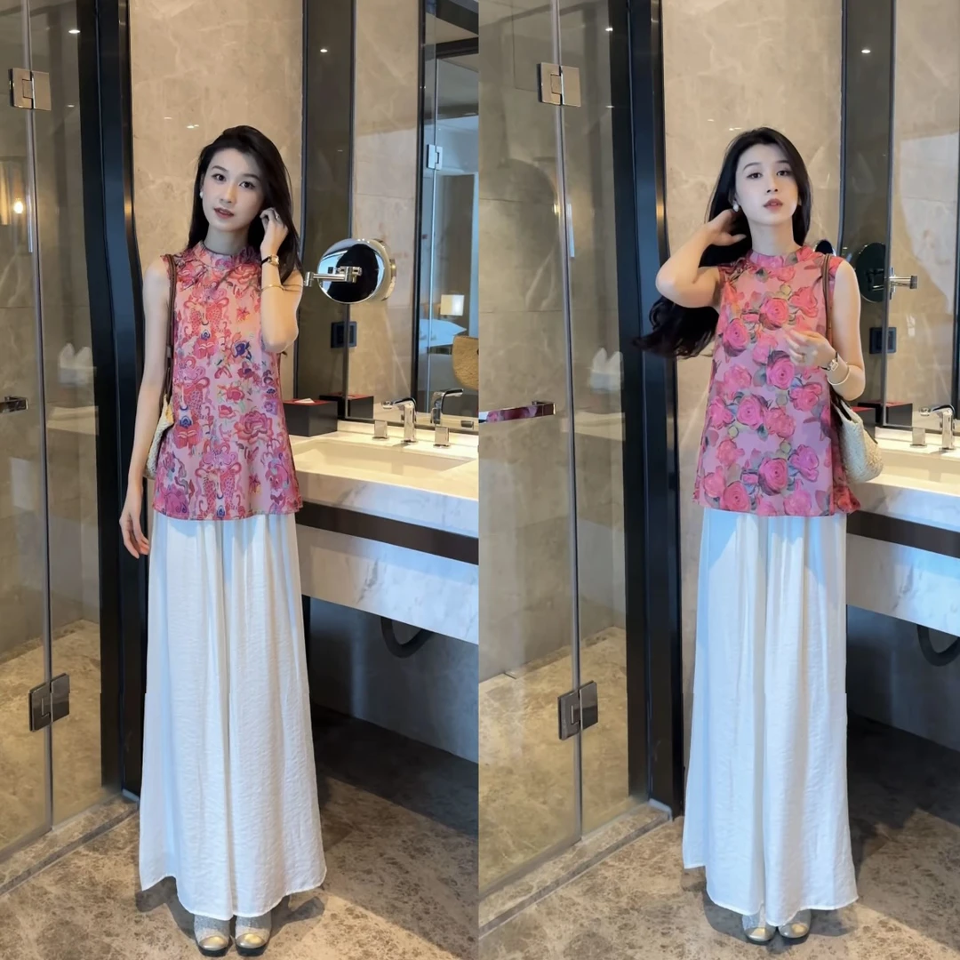 2025新中式提花无袖中长款上衣+阔腿裤夏季清凉感两件套