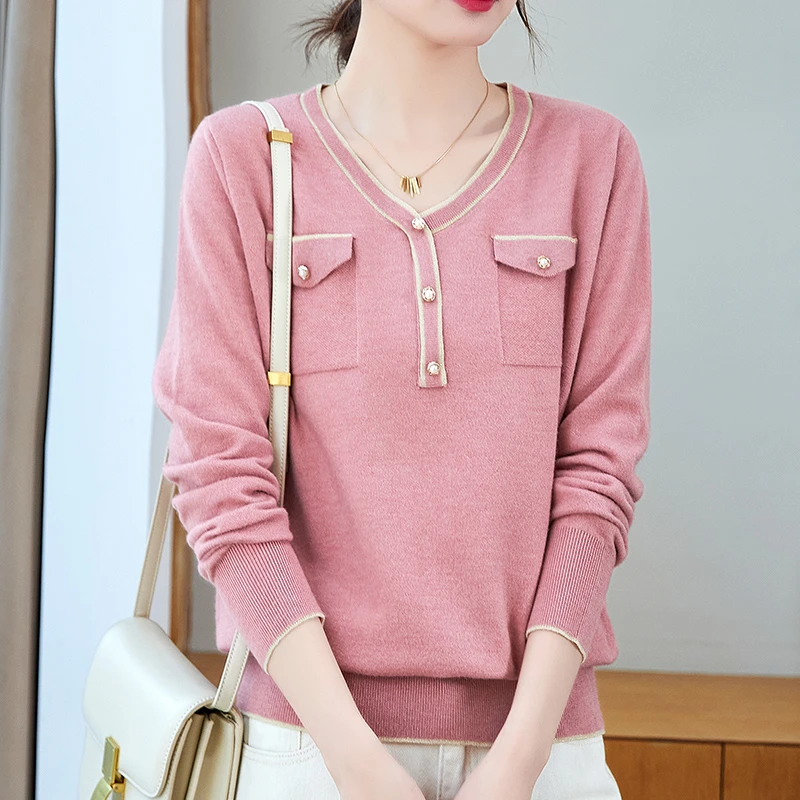 春秋2025年新款妈妈长袖t恤女v领针织打底内搭红色上衣小衫2310