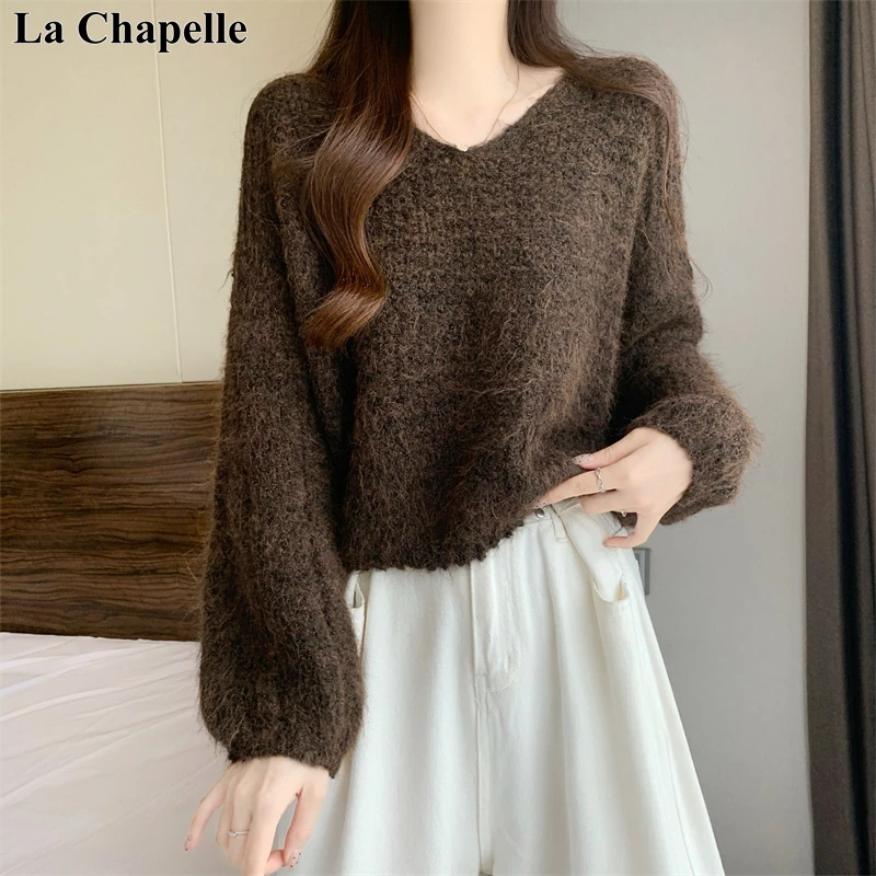 拉夏贝尔2025新款慵懒风V领套头长袖毛衣针织衫女秋冬宽松百搭风