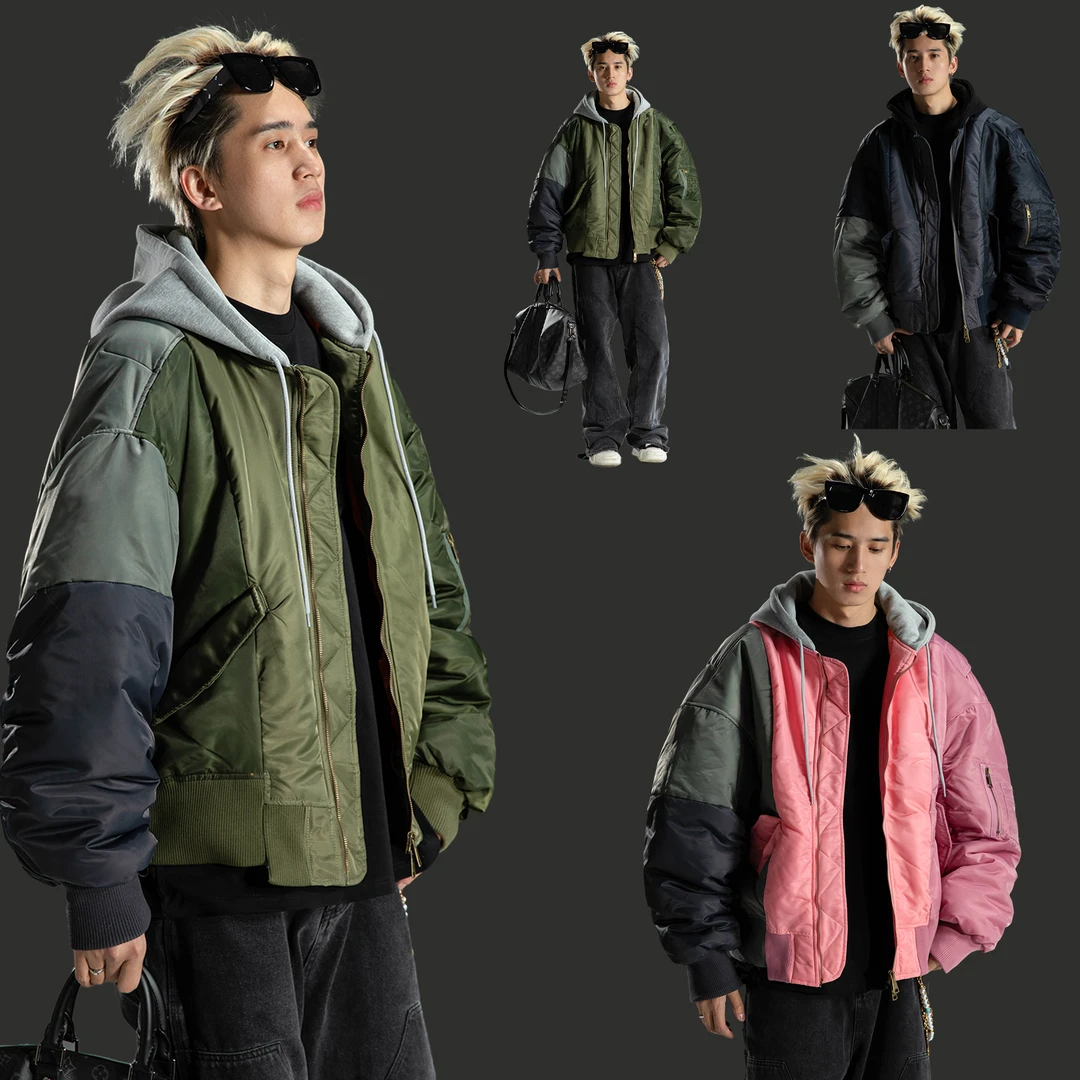 【撞色拼接】美式高街多口袋连帽飞行夹克男宽松外套潮8056