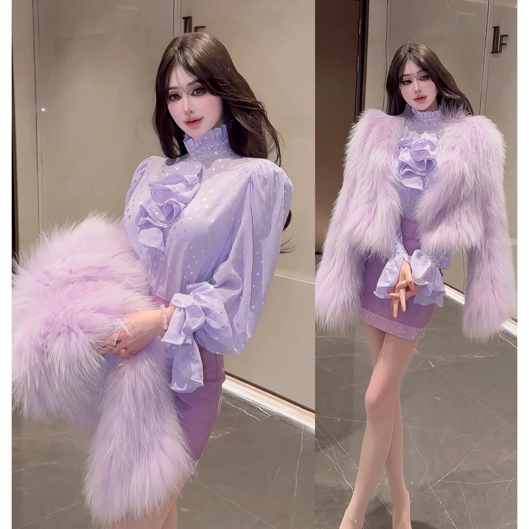 郁儿baby【柔雾紫藤】复古名媛千金波点衬衫➕紫色水钻包裙