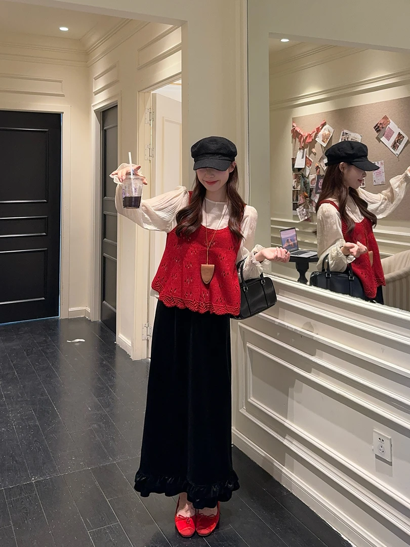 大码女装秋季法式气质时尚针织吊带马甲衬衫高腰半身裙三件套女