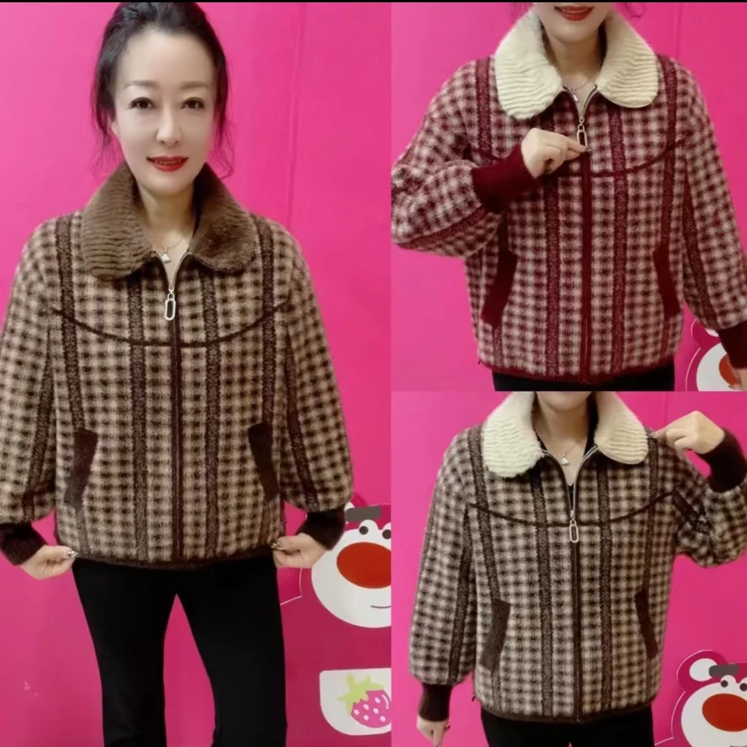 气质时尚豹纹短款加厚双面绒妈妈装外套