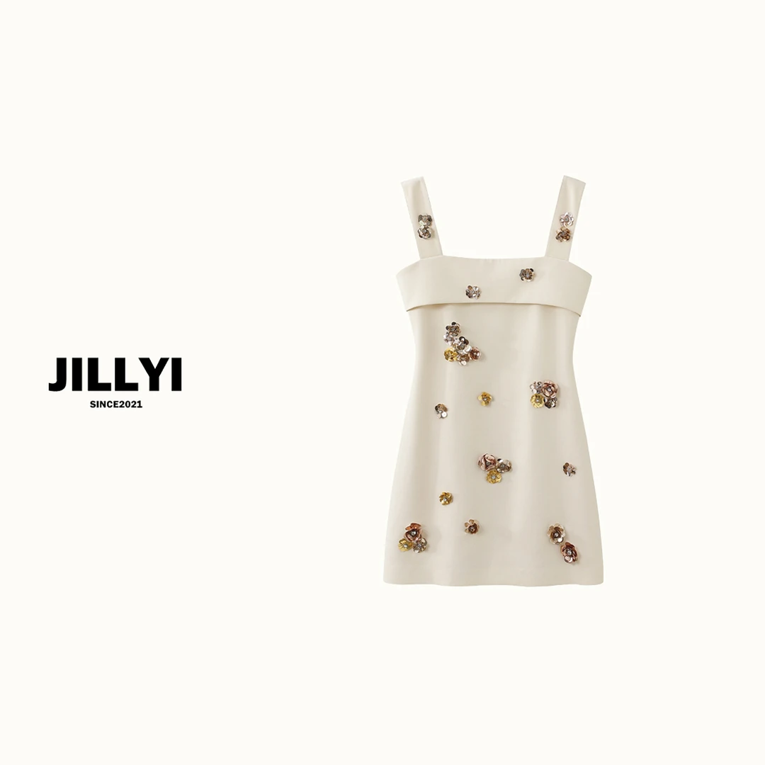 JILLYI珠海店【奶油调色盘】白色手工亮片刺绣花朵气质时尚女装连衣