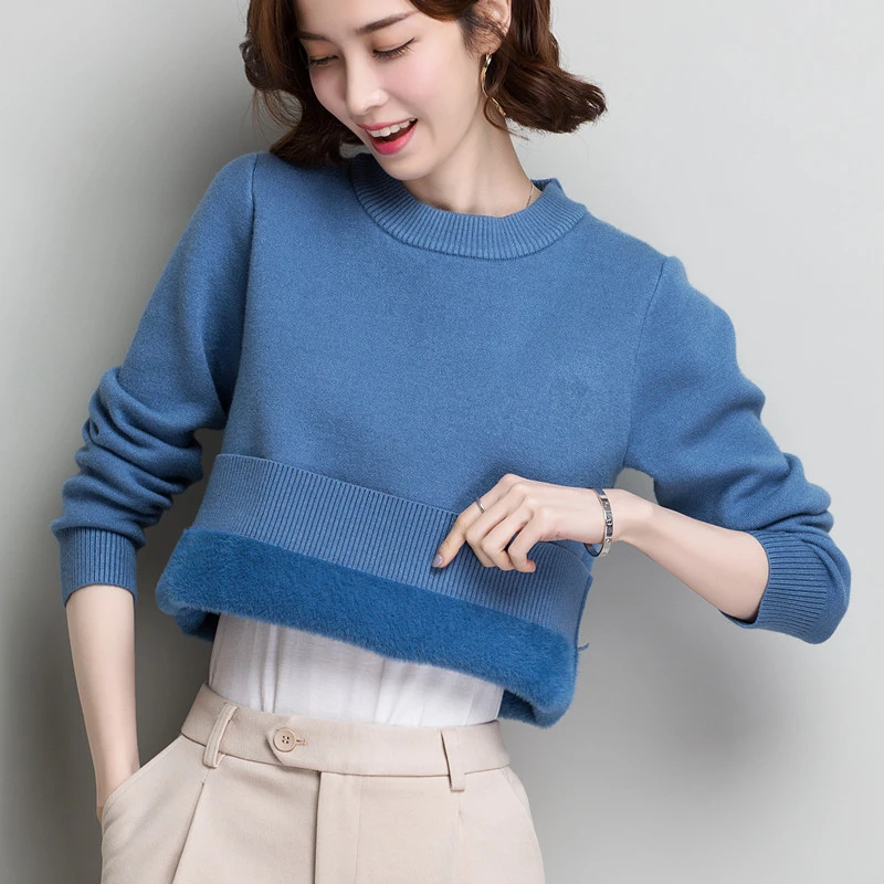 一体绒毛衣小个子短款加绒长袖针织百搭休闲时尚打底衫毛衣内搭