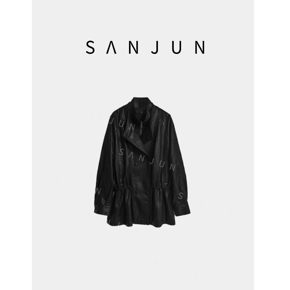 sanjun【摇滚曲】极简廓形假两件立领皮衣外套WT  7338