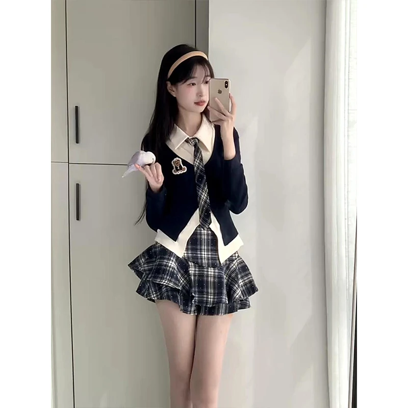 秋季纯欲甜美学院风JK制服套装假两件长袖针织衬衫高腰短裙两件套