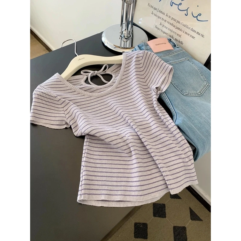 韩系温柔甜美条纹短袖T恤女夏季设计感蝴蝶结绑带修身显瘦短上衣