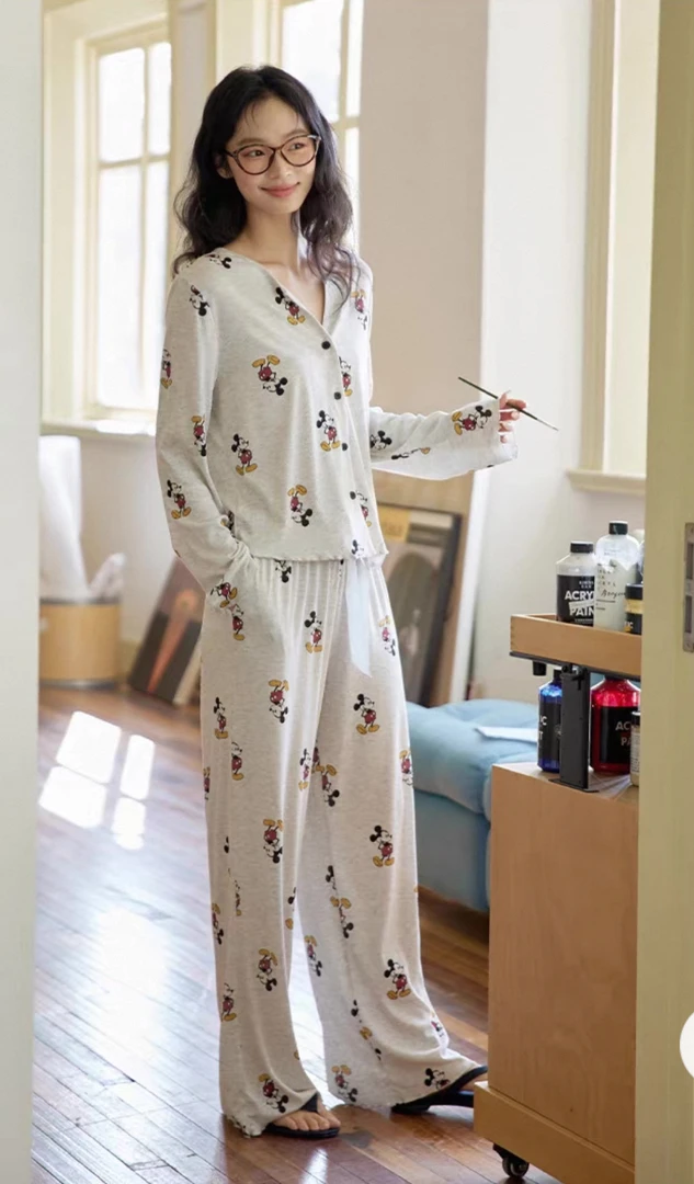 贝蕾丝【卡通灰色米奇开衫套装】2025年春夏季长袖长裤睡衣家居服