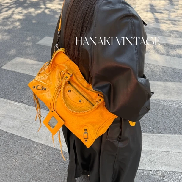 95新 Balenciaga/巴黎世家 花绮中古/巴黎世家黄色city中号机车包