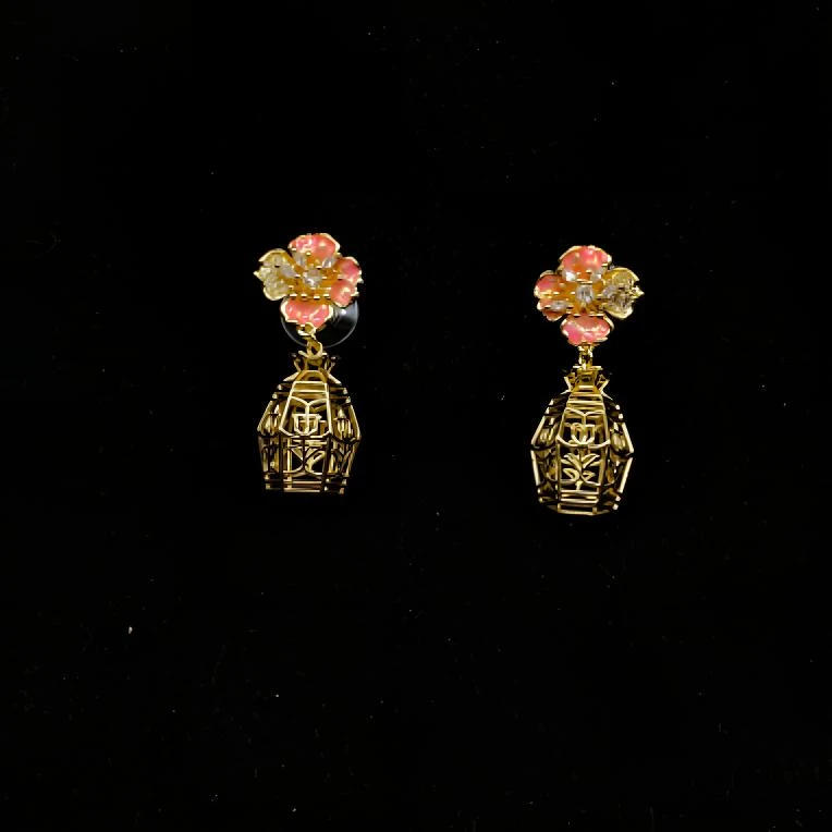 铜合金合成锆石耳饰 【粉蕊金阁】小众设计镂空镶嵌耳饰062